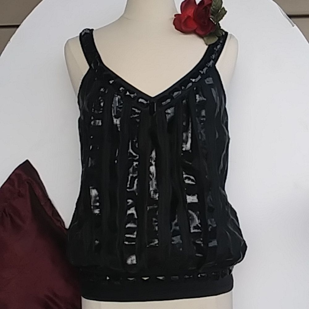bebe Silk Tank Blouse Striped Metallic Scoop V Neck Black Gemstones Satin XS